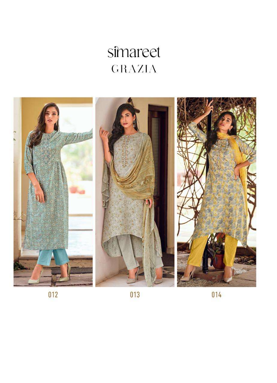 Grazia By Simareet 009 To 014 Series Designer Festive Suits Collection Beautiful Stylish Colorful Fancy Party Wear & Occasional Wear Muslin Digital Print Dresses At Wholesale Price