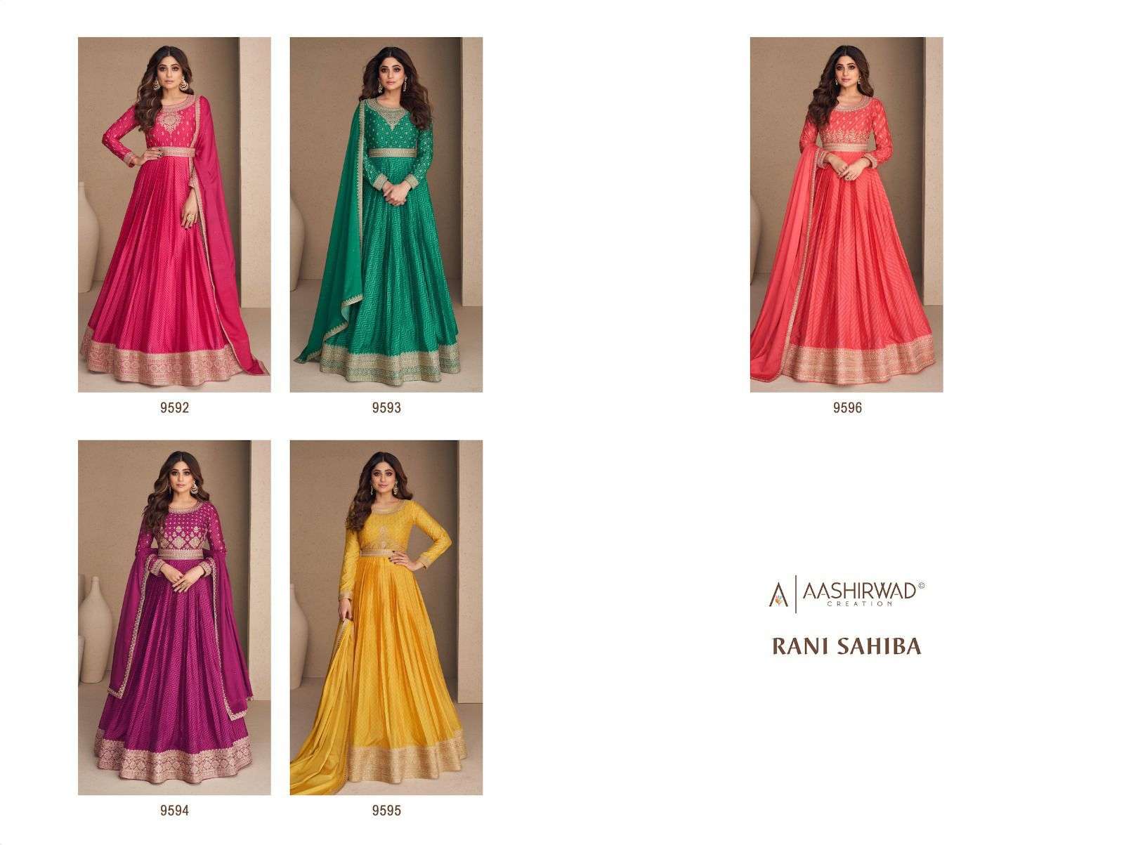 Rani Sahiba By Aashirwad Creation 9592 To 9596 Series Beautiful Stylish Fancy Colorful Casual Wear & Ethnic Wear Chinnon Silk Gowns With Dupatta At Wholesale Price