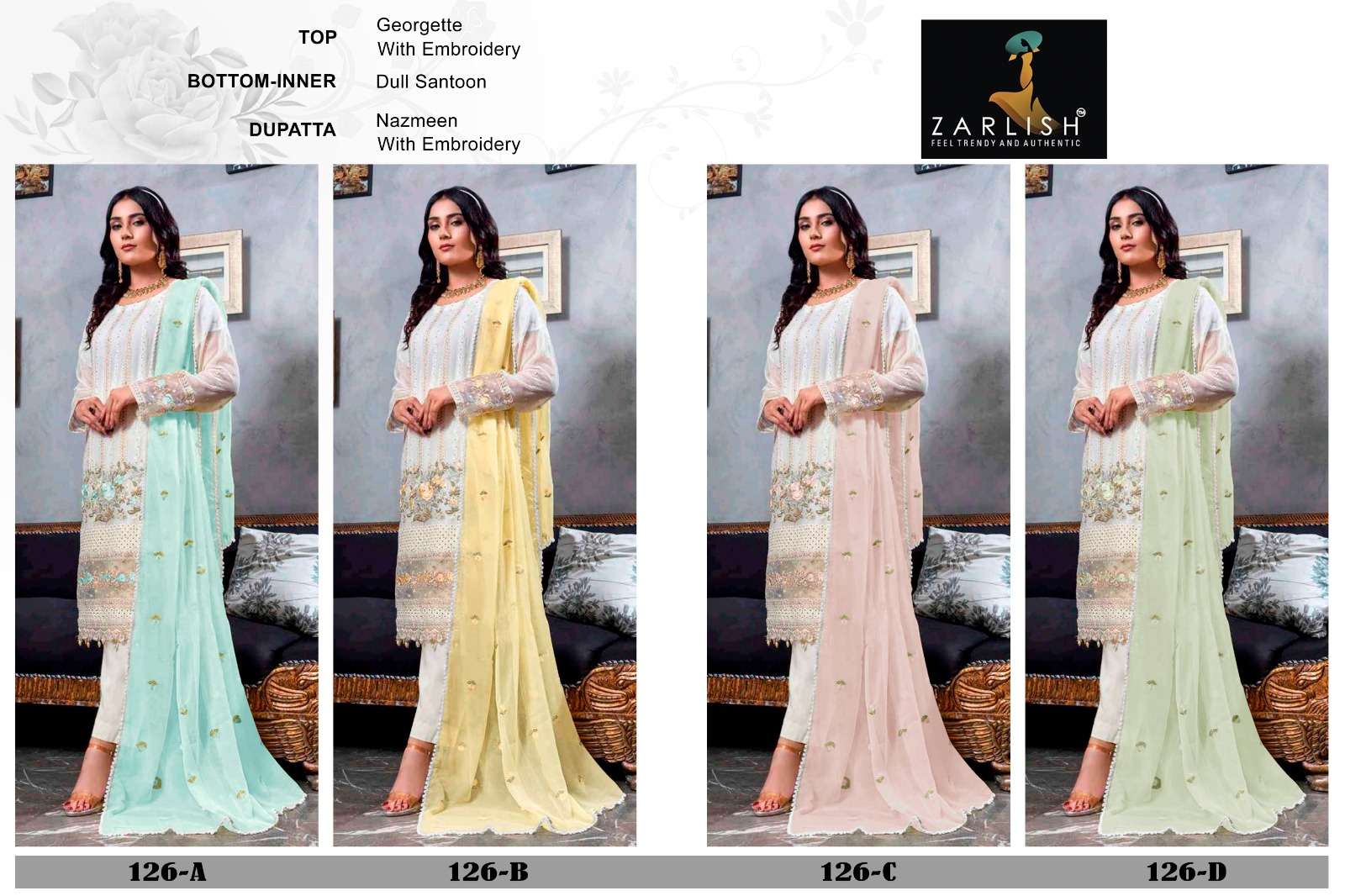 Zarlish 126 Colours By Zarlish 126-A To 126-D Series Beautiful Stylish Pakistani Suits Fancy Colorful Casual Wear & Ethnic Wear & Ready To Wear Georgette Embroidery Dresses At Wholesale Price