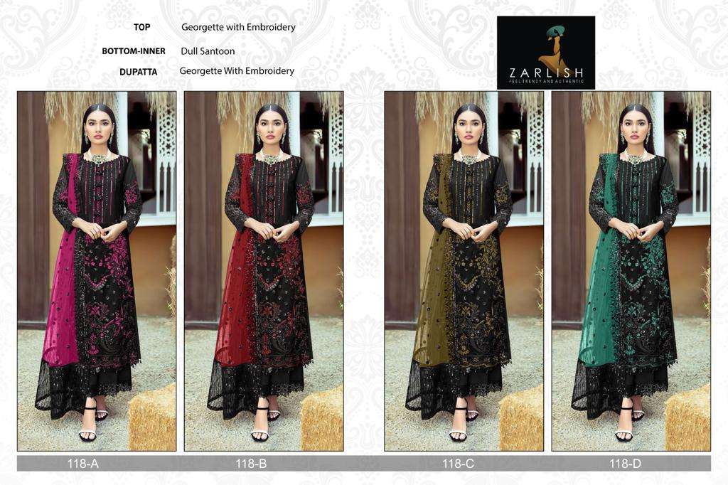Zarlish 118 Colours By Zarlish 118-A To 118-D Series Beautiful Stylish Pakistani Suits Fancy Colorful Casual Wear & Ethnic Wear & Ready To Wear Georgette Embroidery Dresses At Wholesale Price
