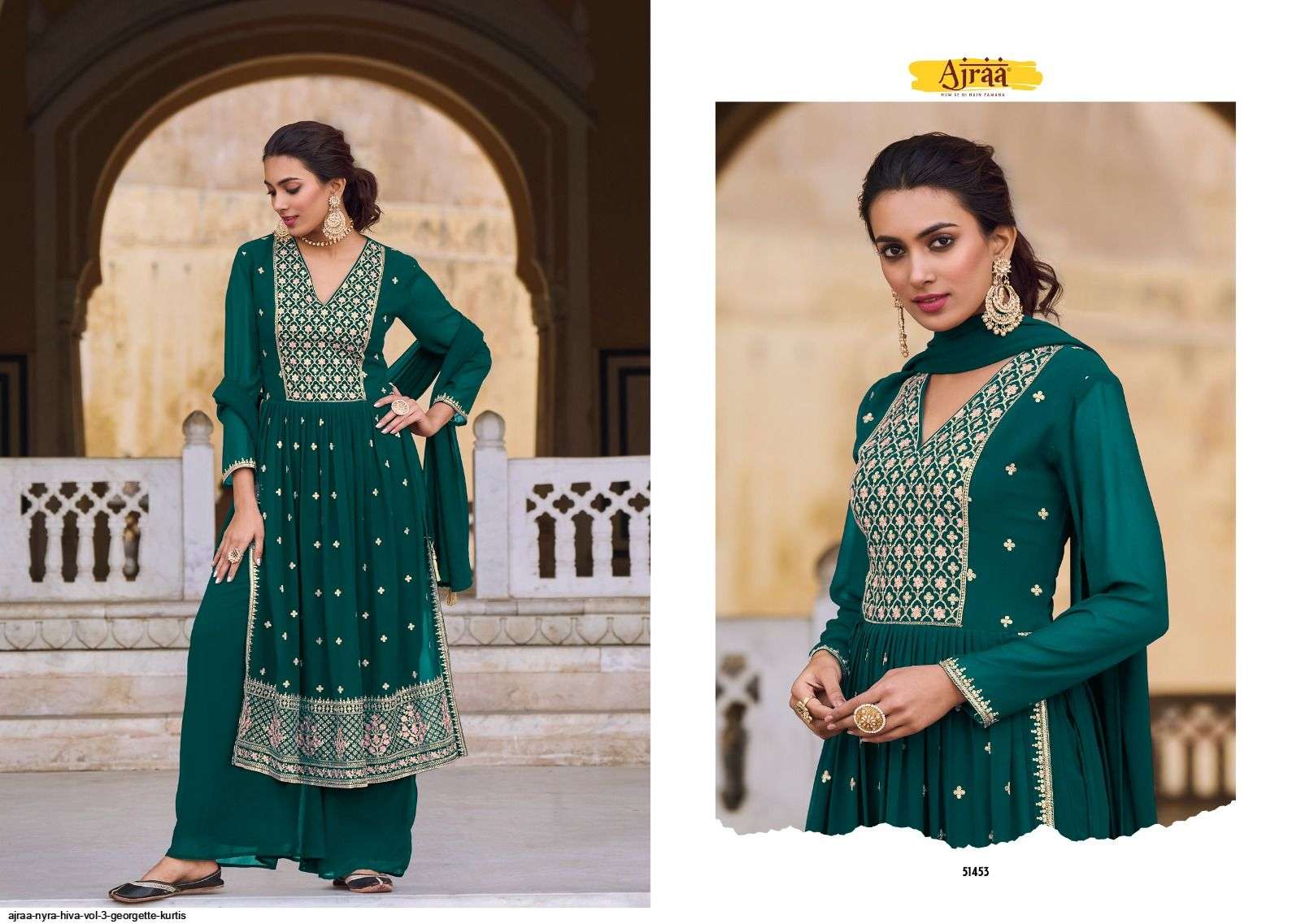 Hiva Vol-3 By Ajraa 51451 To 51456 Series Designer Festive Sharara Suits Collection Beautiful Stylish Fancy Colorful Party Wear & Occasional Wear Heavy Georgette Embroidered Dresses At Wholesale Price