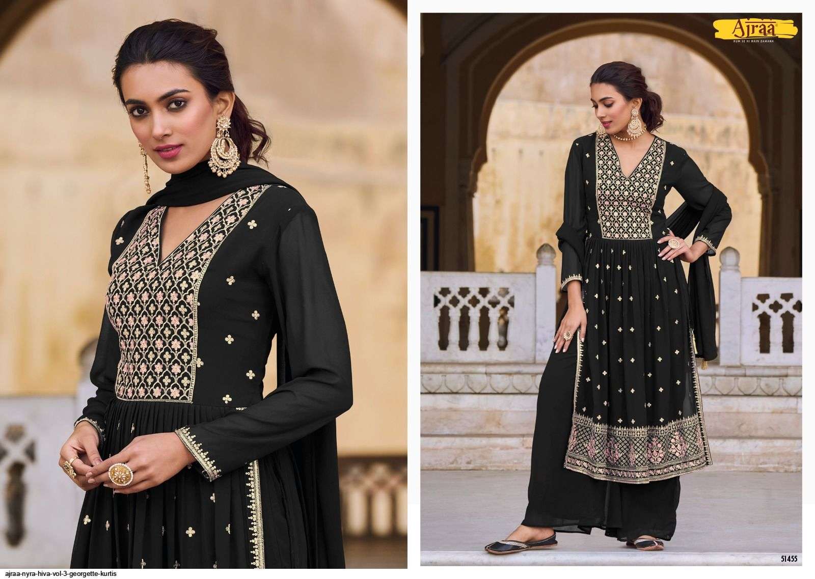 Hiva Vol-3 By Ajraa 51451 To 51456 Series Designer Festive Sharara Suits Collection Beautiful Stylish Fancy Colorful Party Wear & Occasional Wear Heavy Georgette Embroidered Dresses At Wholesale Price