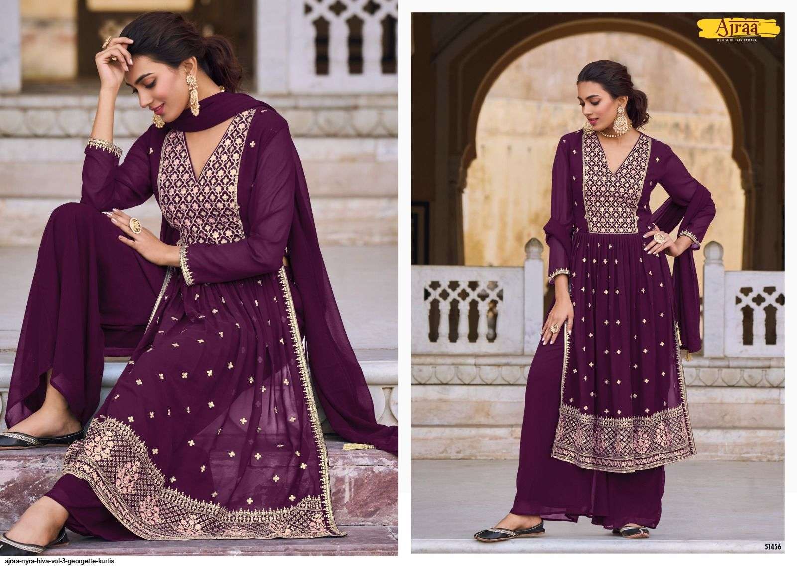 Hiva Vol-3 By Ajraa 51451 To 51456 Series Designer Festive Sharara Suits Collection Beautiful Stylish Fancy Colorful Party Wear & Occasional Wear Heavy Georgette Embroidered Dresses At Wholesale Price