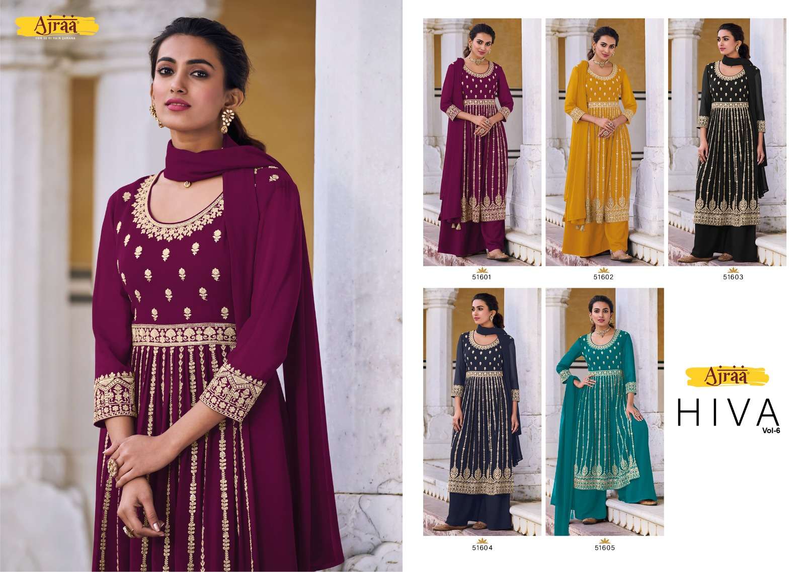 Hiva Vol-6 By Ajraa 51601 To 51605 Series Designer Festive Sharara Suits Collection Beautiful Stylish Fancy Colorful Party Wear & Occasional Wear Heavy Georgette Embroidered Dresses At Wholesale Price
