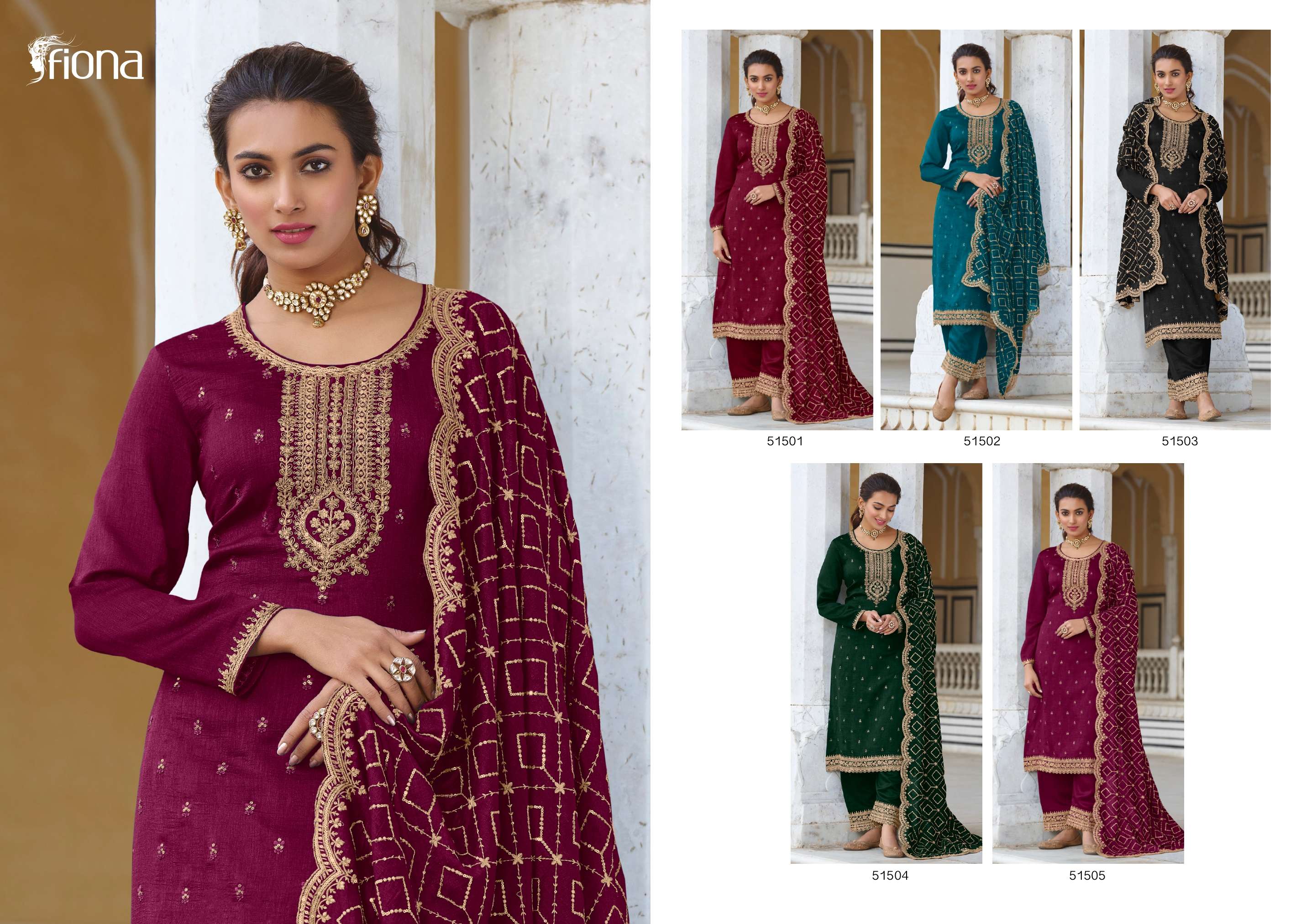 Gulrang By Fiona 51501 To 51505 Series Beautiful Festive Suits Colorful Stylish Fancy Casual Wear & Ethnic Wear Premium Silk Embroidered Dresses At Wholesale Price
