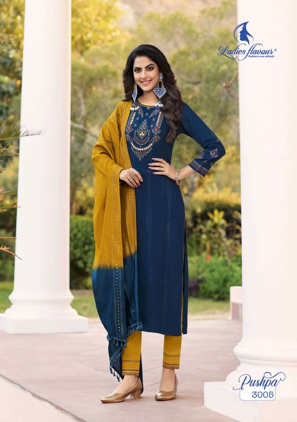 Pushpa Vol-3 By Ladies Flavour 3001 To 3006 Series Festive Suits Beautiful Fancy Colorful Stylish Party Wear & Occasional Wear Viscose Rayon Dresses At Wholesale Price