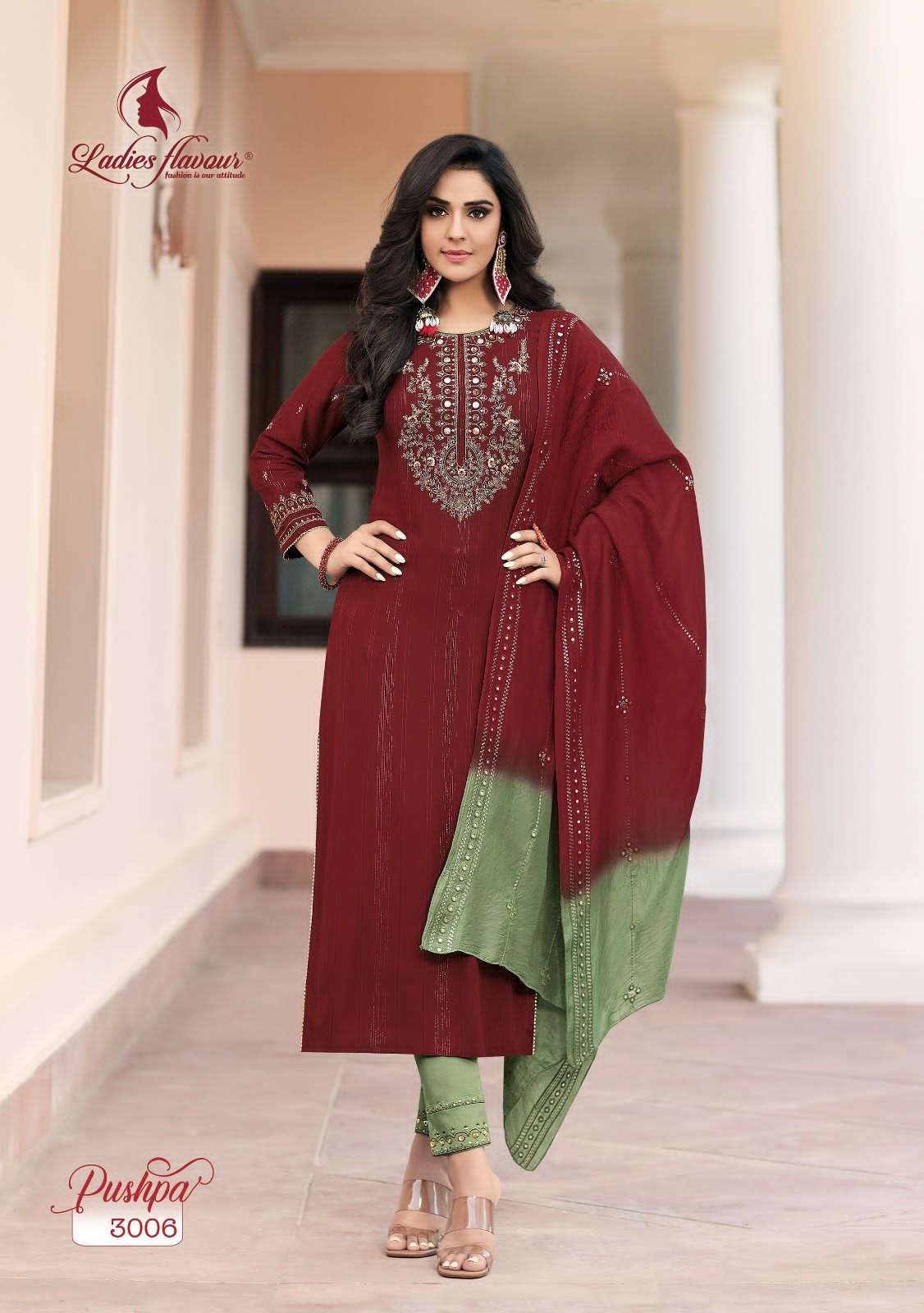 Pushpa Vol-3 By Ladies Flavour 3001 To 3006 Series Festive Suits Beautiful Fancy Colorful Stylish Party Wear & Occasional Wear Viscose Rayon Dresses At Wholesale Price