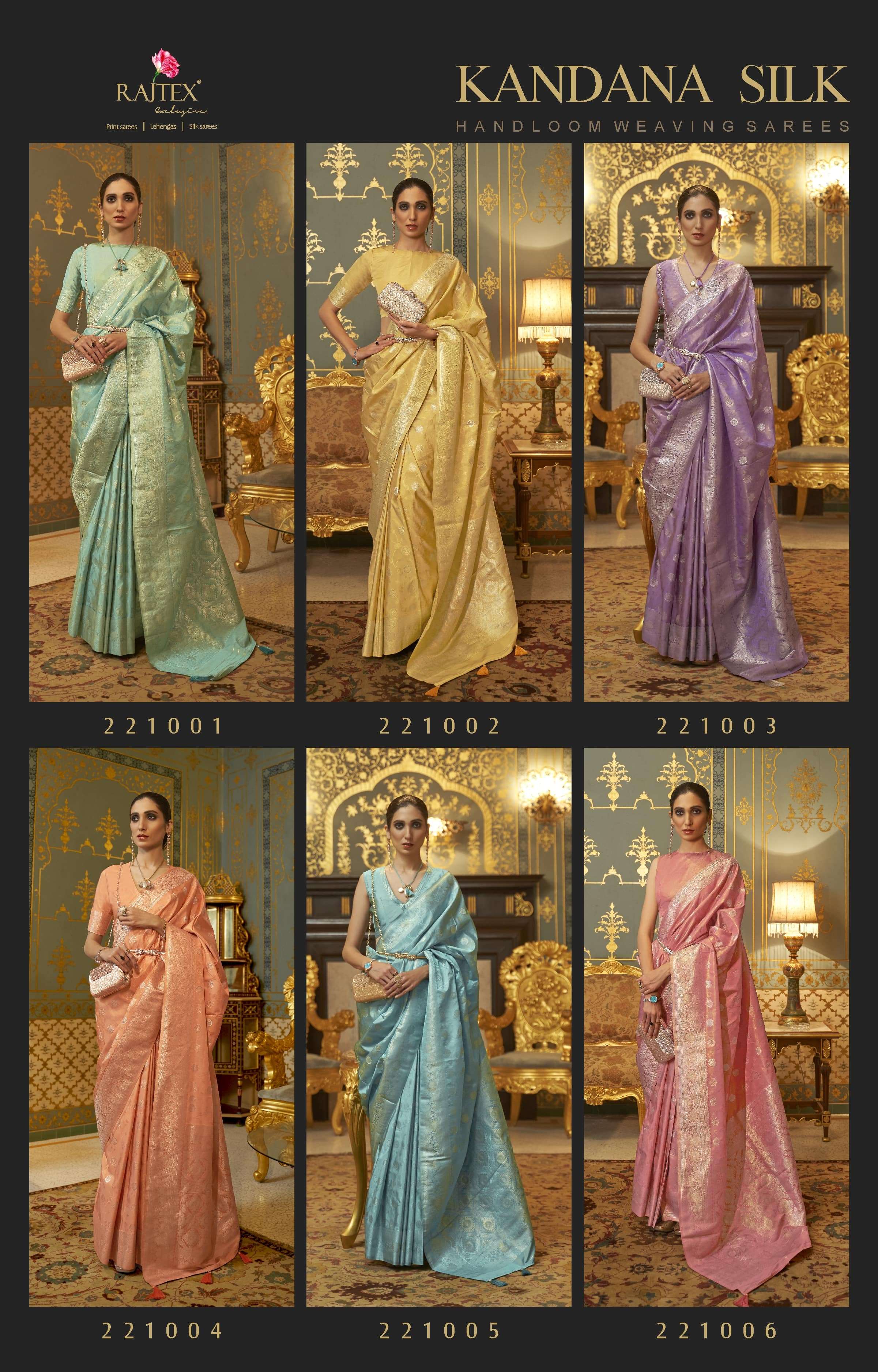 Kandana Silk By Raj Tex 221001 To 221006 Series Indian Traditional Wear Collection Beautiful Stylish Fancy Colorful Party Wear & Occasional Wear Satin Silk Sarees At Wholesale Price