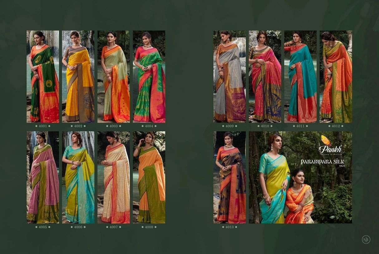 Parampara Silk Vol-4 By Pankh Creation 4001 To 4013 Indian Traditional Wear Collection Beautiful Stylish Fancy Colorful Party Wear & Occasional Wear Kanjivaram Silk Sarees At Wholesale Price