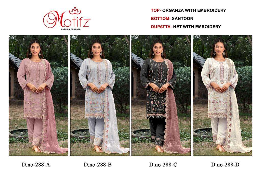 Motifz Hit Design 288 Colours By Motifz 288-A To 288-D Series Beautiful Pakistani Suits Colorful Stylish Fancy Casual Wear & Ethnic Wear Organza Embroidered Dresses At Wholesale Price