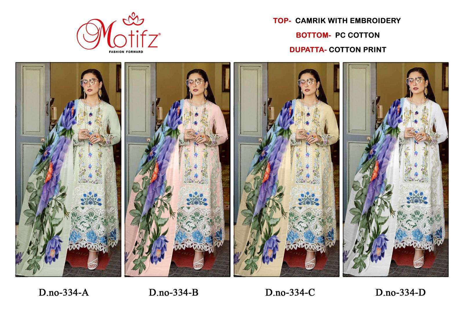 Motifz Hit Design 334 Colours By Motifz 334-A To 334-D Series Beautiful Pakistani Suits Colorful Stylish Fancy Casual Wear & Ethnic Wear Cambric Embroidered Dresses At Wholesale Price