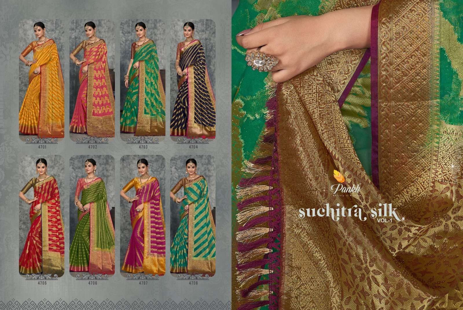 Suchitra Silk Vol-1 By Pankh Creation 4701 To 4708 Series Indian Traditional Wear Collection Beautiful Stylish Fancy Colorful Party Wear & Occasional Wear Silk Sarees At Wholesale Price