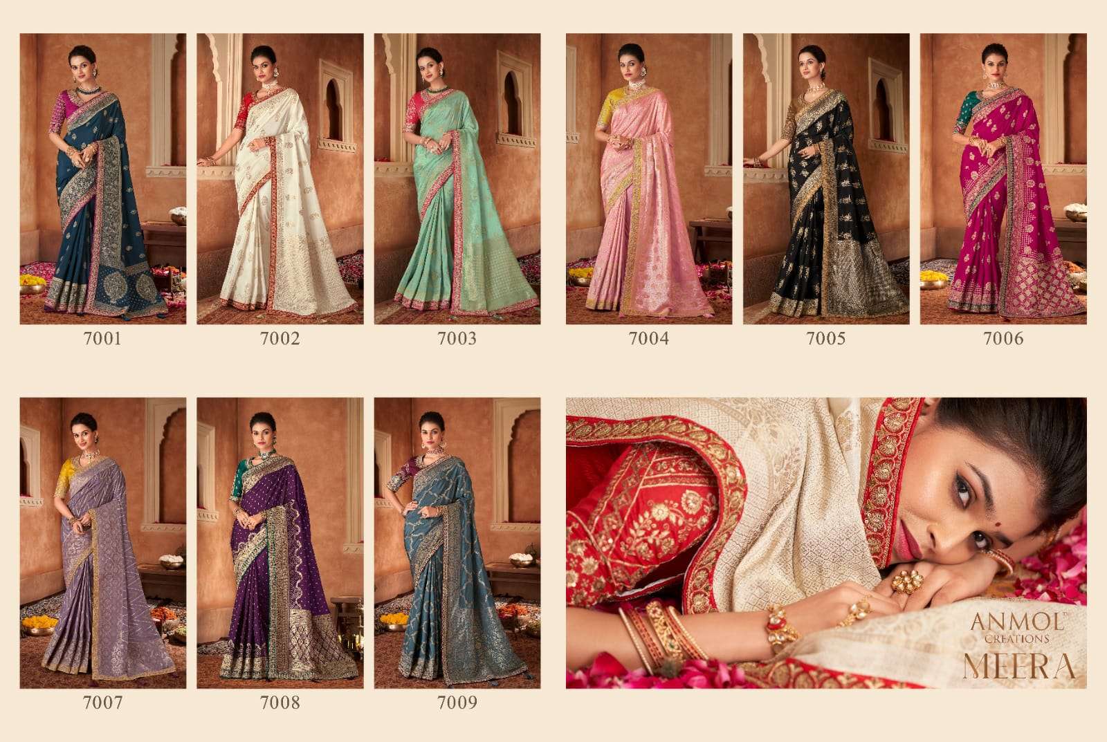 Meera By Anmol Creation 7001 To 7009 Series Indian Traditional Beautiful Stylish Designer Banarasi Silk Jacquard Embroidered Party Wear Pure Dola Sarees At Wholesale Price