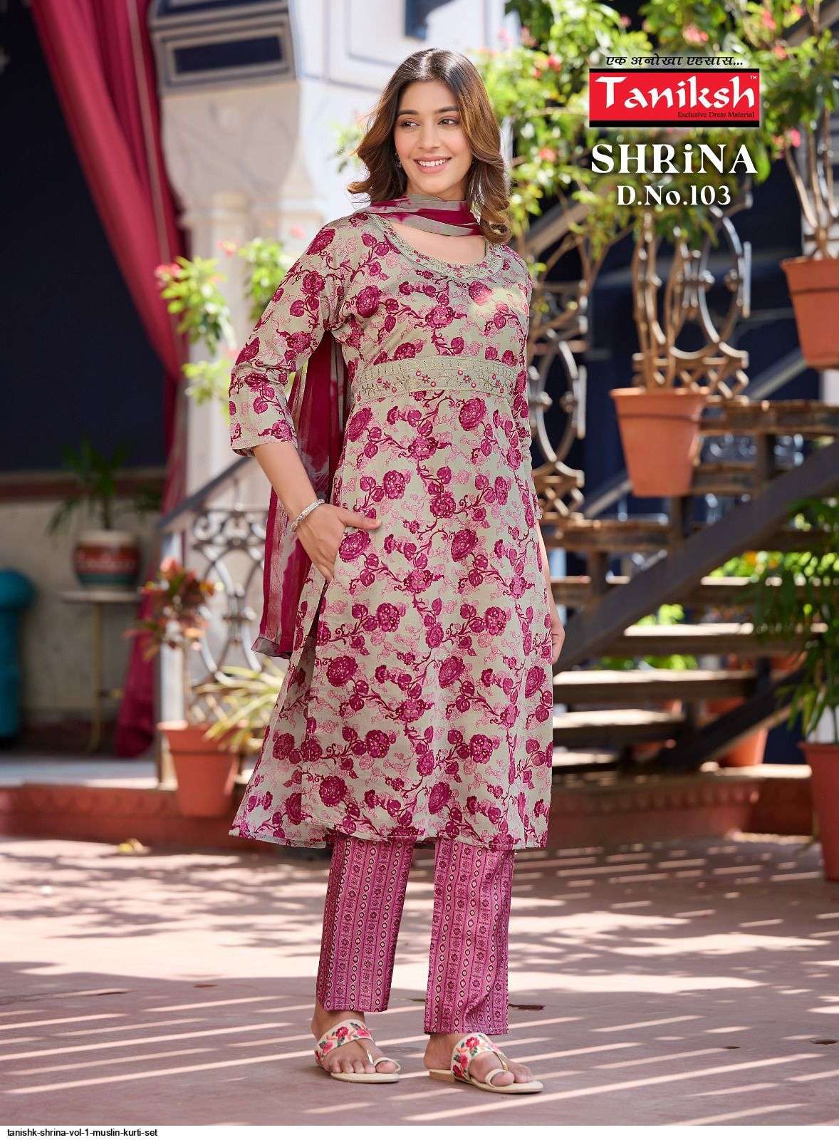 Shrina Vol-1 By Taniksh 101 To 108 Series Designer Festive Suits Beautiful Fancy Stylish Colorful Party Wear & Occasional Wear Muslin Print Dresses At Wholesale Price