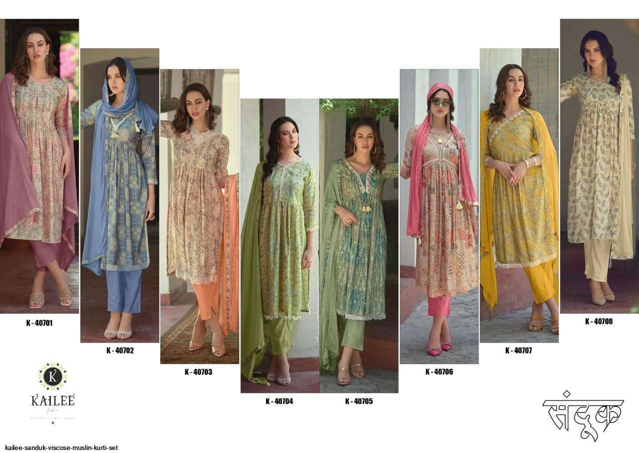 Sandook By Kailee 40701 To 40708 Series Beautiful Suits Colorful Stylish Fancy Casual Wear & Ethnic Wear Viscose Muslin Dresses At Wholesale Price