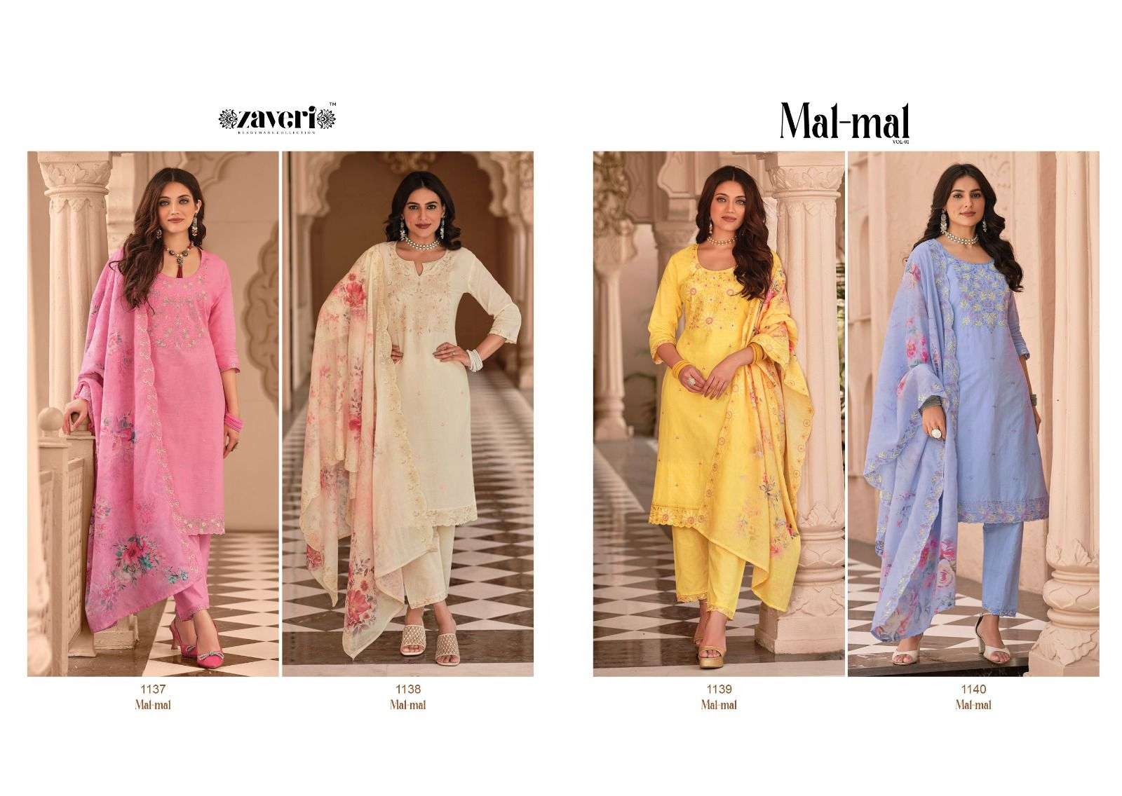 Mal Mal Vol-1 By Zaveri 1137 To 1140 Series Designer Festive Suits Beautiful Fancy Colorful Stylish Party Wear & Occasional Wear Pure Cotton Embroidered Dresses At Wholesale Price
