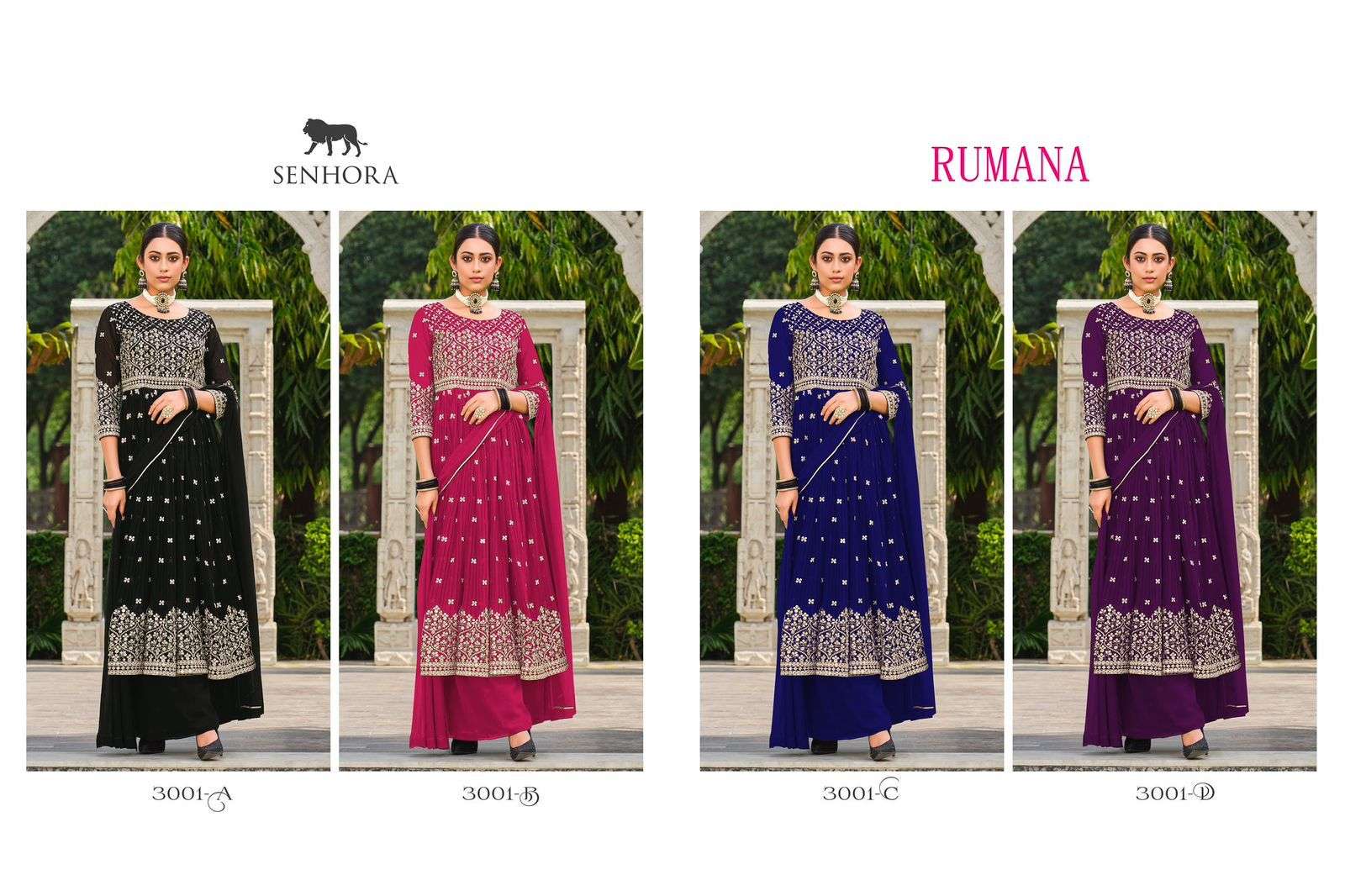 Rumana By Senhora Dresses 3001-A To 3001-D Series Beautiful Stylish Sharara Suits Fancy Colorful Casual Wear & Ethnic Wear & Ready To Wear Faux Georgette Dresses At Wholesale Price