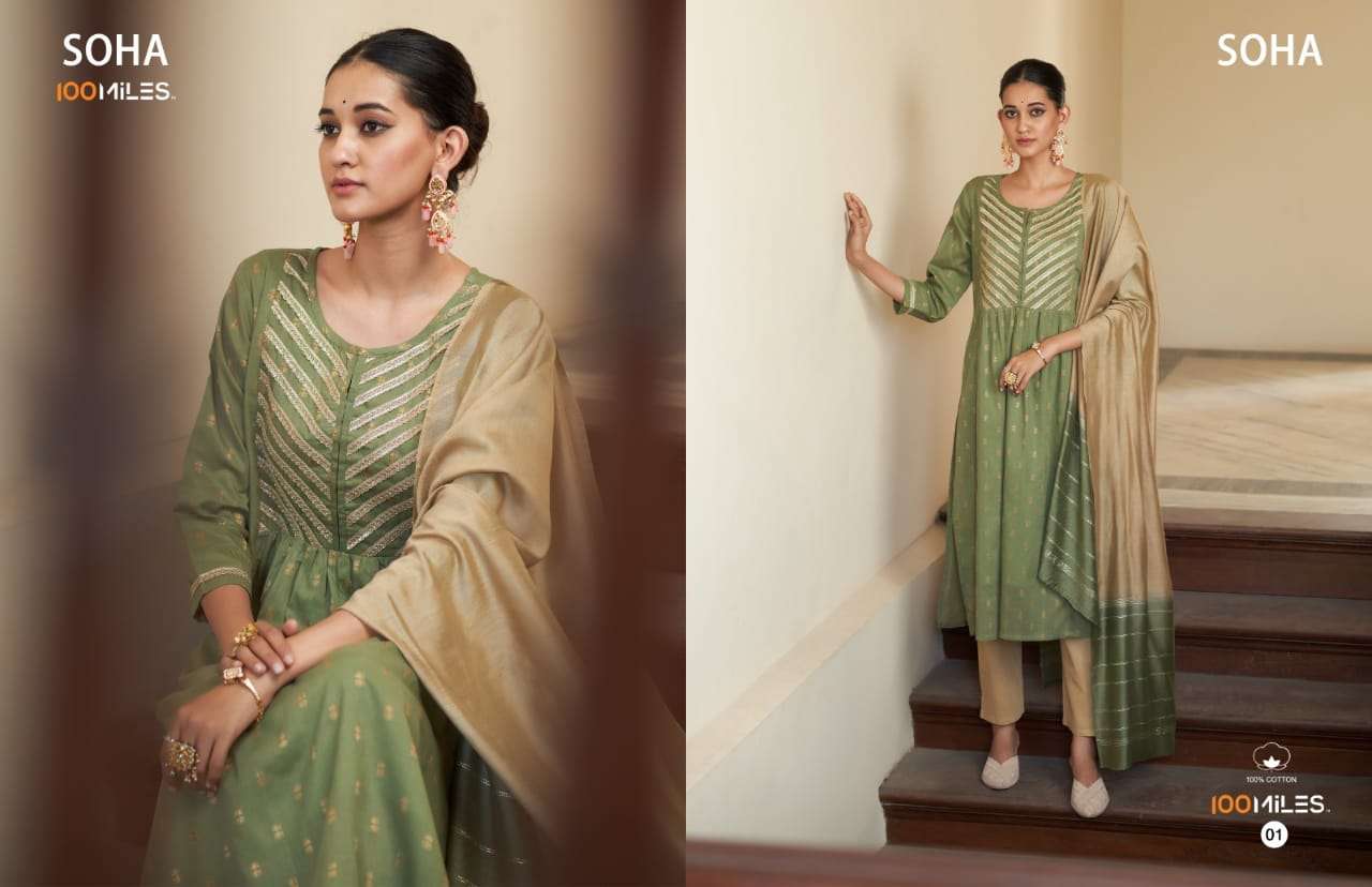 Soha By 100 Miles 01 To 04 Series Designer Festive Suits Beautiful Fancy Colorful Stylish Party Wear & Occasional Wear Pure Cotton Jacquard Dresses At Wholesale Price
