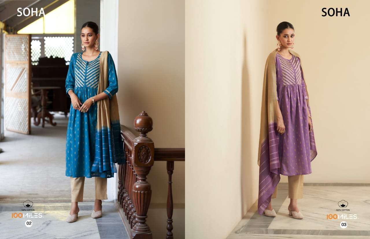 Soha By 100 Miles 01 To 04 Series Designer Festive Suits Beautiful Fancy Colorful Stylish Party Wear & Occasional Wear Pure Cotton Jacquard Dresses At Wholesale Price