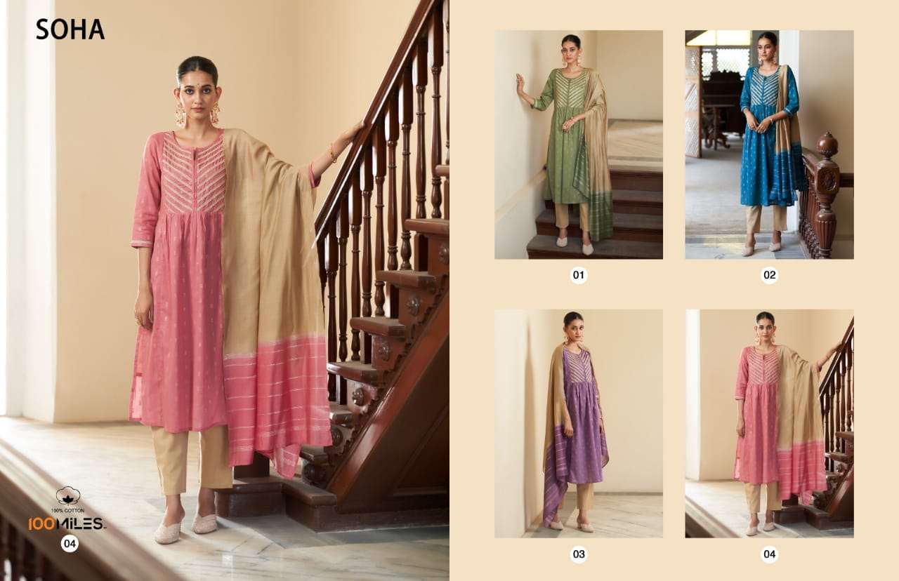 Soha By 100 Miles 01 To 04 Series Designer Festive Suits Beautiful Fancy Colorful Stylish Party Wear & Occasional Wear Pure Cotton Jacquard Dresses At Wholesale Price