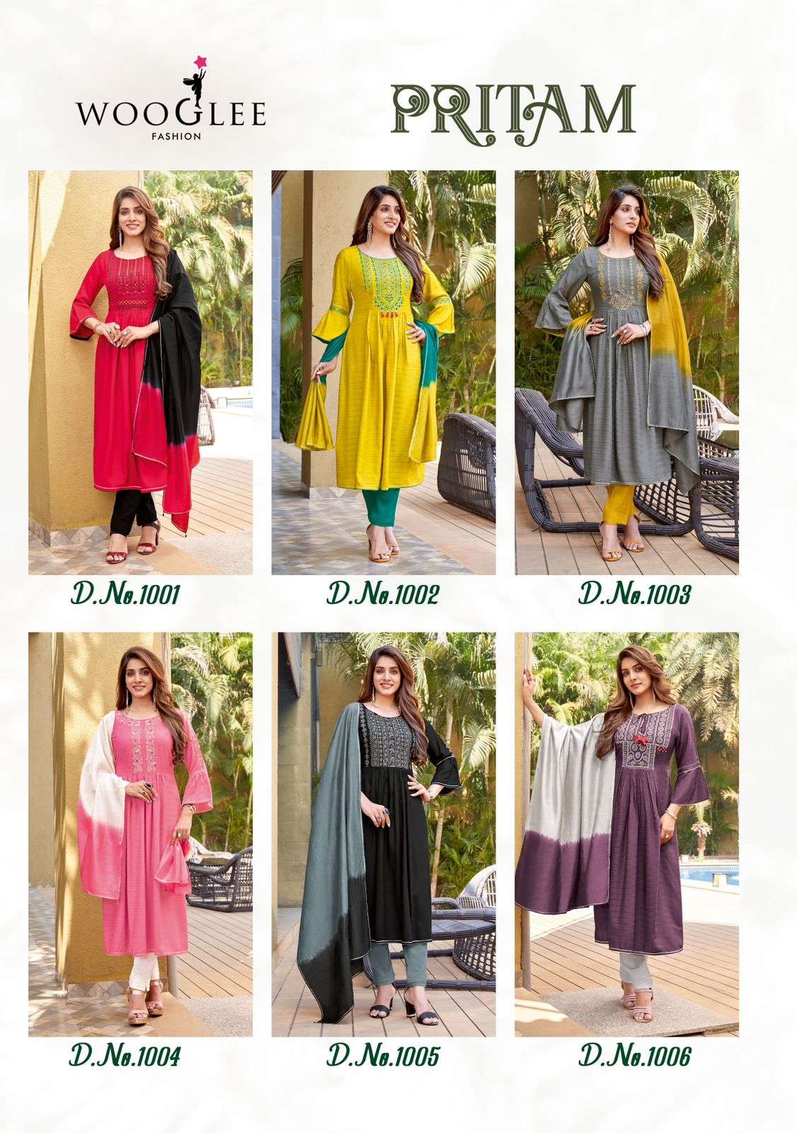 Pritam By Wooglee 1001 To 1006 Series Beautiful Stylish Suits Fancy Colorful Casual Wear & Ethnic Wear & Ready To Wear Rayon With Work Dresses At Wholesale Price