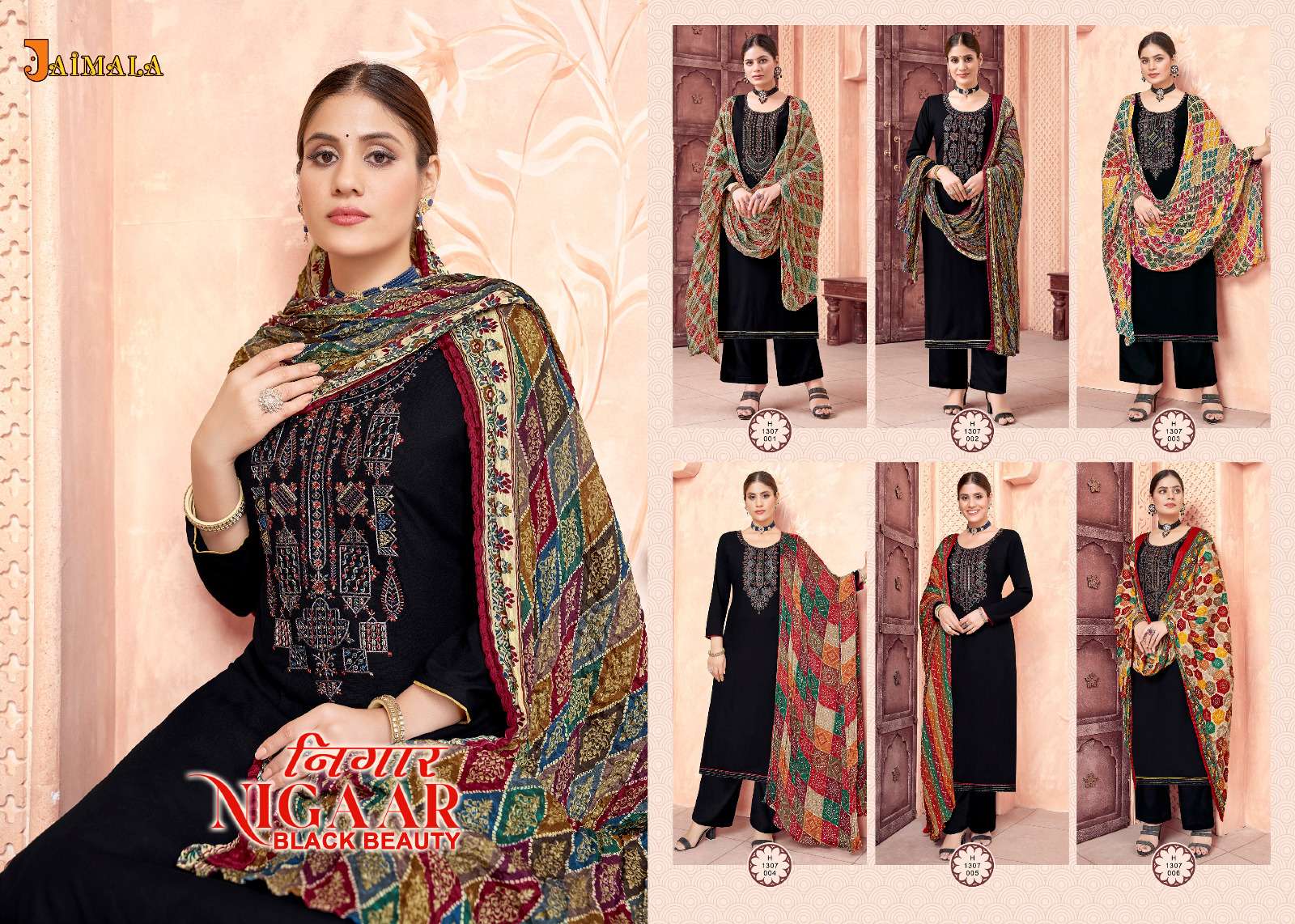 Nigaar Black Beauty By Jaimala 1307-001 To 1307-006 Series Designer Suits Collection Beautiful Stylish Colorful Fancy Party Wear & Occasional Wear Rayon Slub Dresses At Wholesale Price