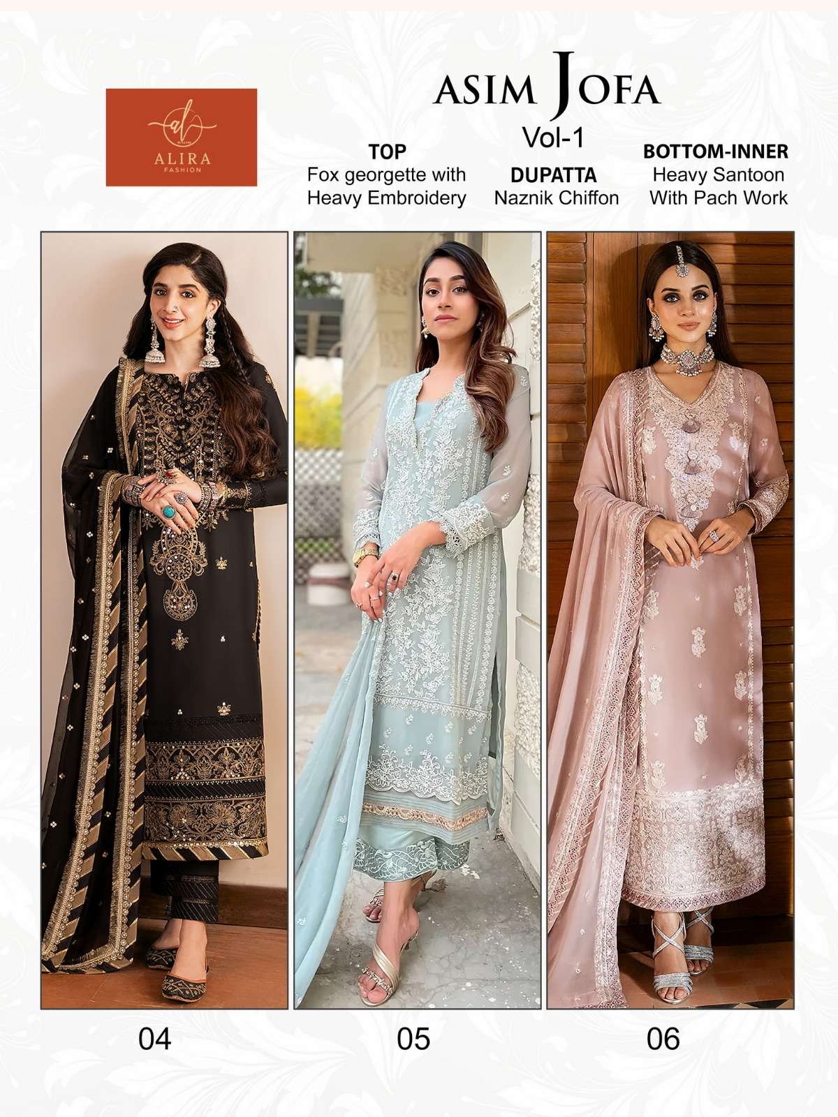 Asim Jofa Vol-1 By Alira 04 To 06 Series Beautiful Pakistani Suits Colorful Stylish Fancy Casual Wear & Ethnic Wear Faux Georgette Embroidered Dresses At Wholesale Price