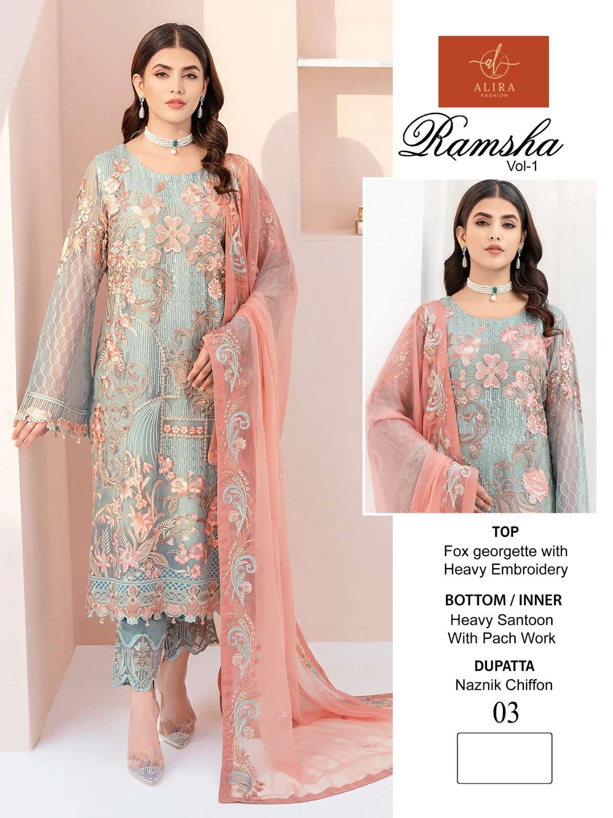 Ramsha Vol-1 By Alira 01 To 03 Series Beautiful Pakistani Suits Colorful Stylish Fancy Casual Wear & Ethnic Wear Faux Georgette Embroidered Dresses At Wholesale Price