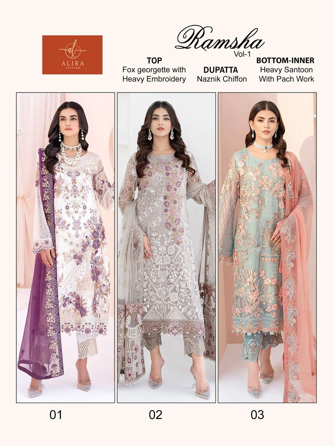 Ramsha Vol-1 By Alira 01 To 03 Series Beautiful Pakistani Suits Colorful Stylish Fancy Casual Wear & Ethnic Wear Faux Georgette Embroidered Dresses At Wholesale Price