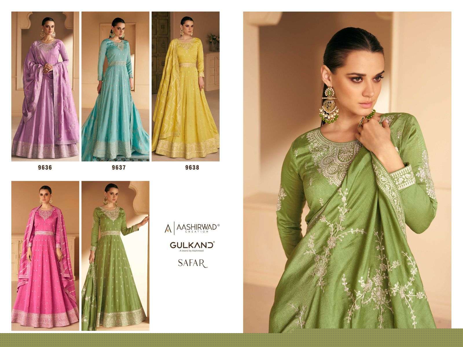 Safar By Aashirwad Creation 9636 To 9640 Series Beautiful Stylish Fancy Colorful Casual Wear & Ethnic Wear Premium Silk Gowns With Dupatta At Wholesale Price