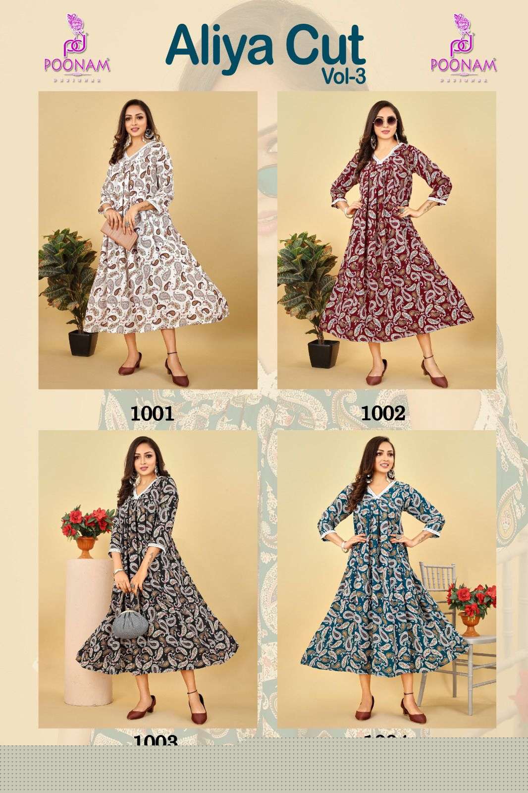 Aliya Cut Vol-3 By Poonam Designer 1001 To 1004 Series Designer Stylish Fancy Colorful Beautiful Party Wear & Ethnic Wear Collection Rayon Print Gown At Wholesale Price