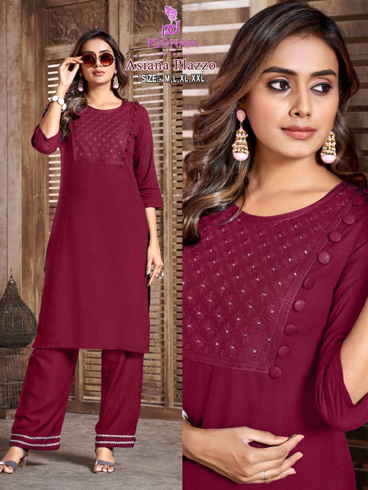 Asiana Plazzo By Poonam Designer 1001 To 1006 Series Designer Stylish Fancy Colorful Beautiful Party Wear & Ethnic Wear Collection Pure Rayon Embroidery Kurtis With Pants At Wholesale Price