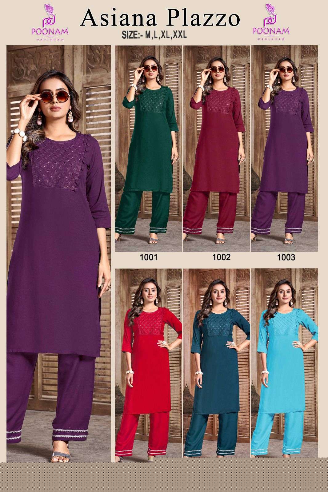 Asiana Plazzo By Poonam Designer 1001 To 1006 Series Designer Stylish Fancy Colorful Beautiful Party Wear & Ethnic Wear Collection Pure Rayon Embroidery Kurtis With Pants At Wholesale Price