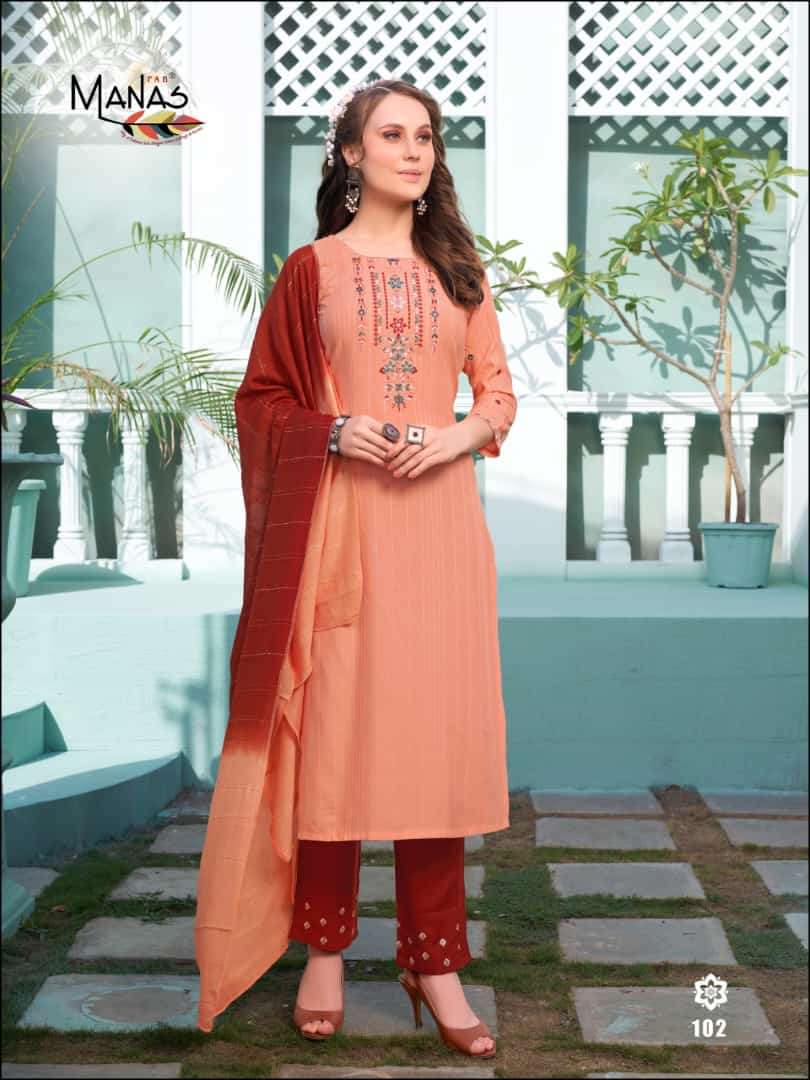 Florina By Manas Fab 101 To 105 Series Beautiful Stylish Suits Fancy Colorful Casual Wear & Ethnic Wear & Ready To Wear Rayon Embroidered Dresses At Wholesale Price