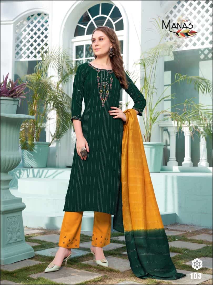 Florina By Manas Fab 101 To 105 Series Beautiful Stylish Suits Fancy Colorful Casual Wear & Ethnic Wear & Ready To Wear Rayon Embroidered Dresses At Wholesale Price