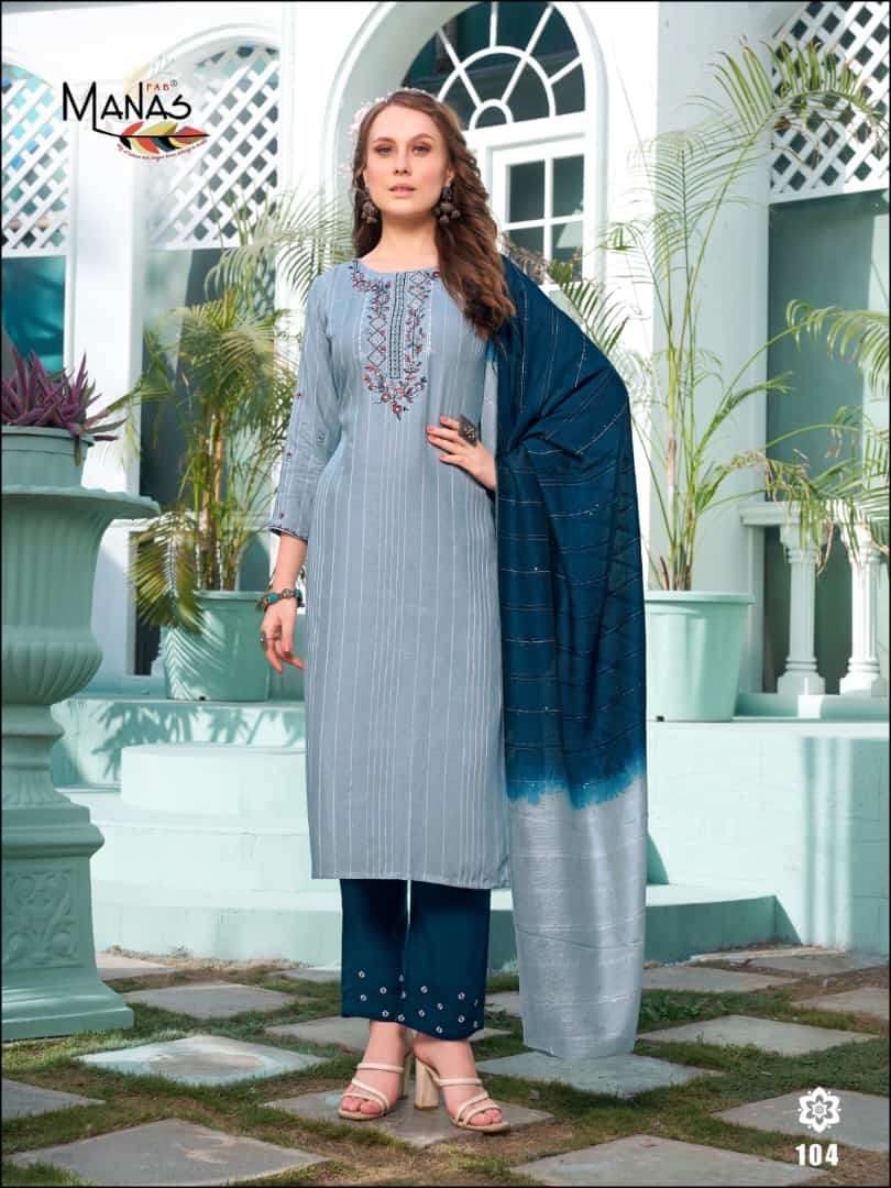 Florina By Manas Fab 101 To 105 Series Beautiful Stylish Suits Fancy Colorful Casual Wear & Ethnic Wear & Ready To Wear Rayon Embroidered Dresses At Wholesale Price