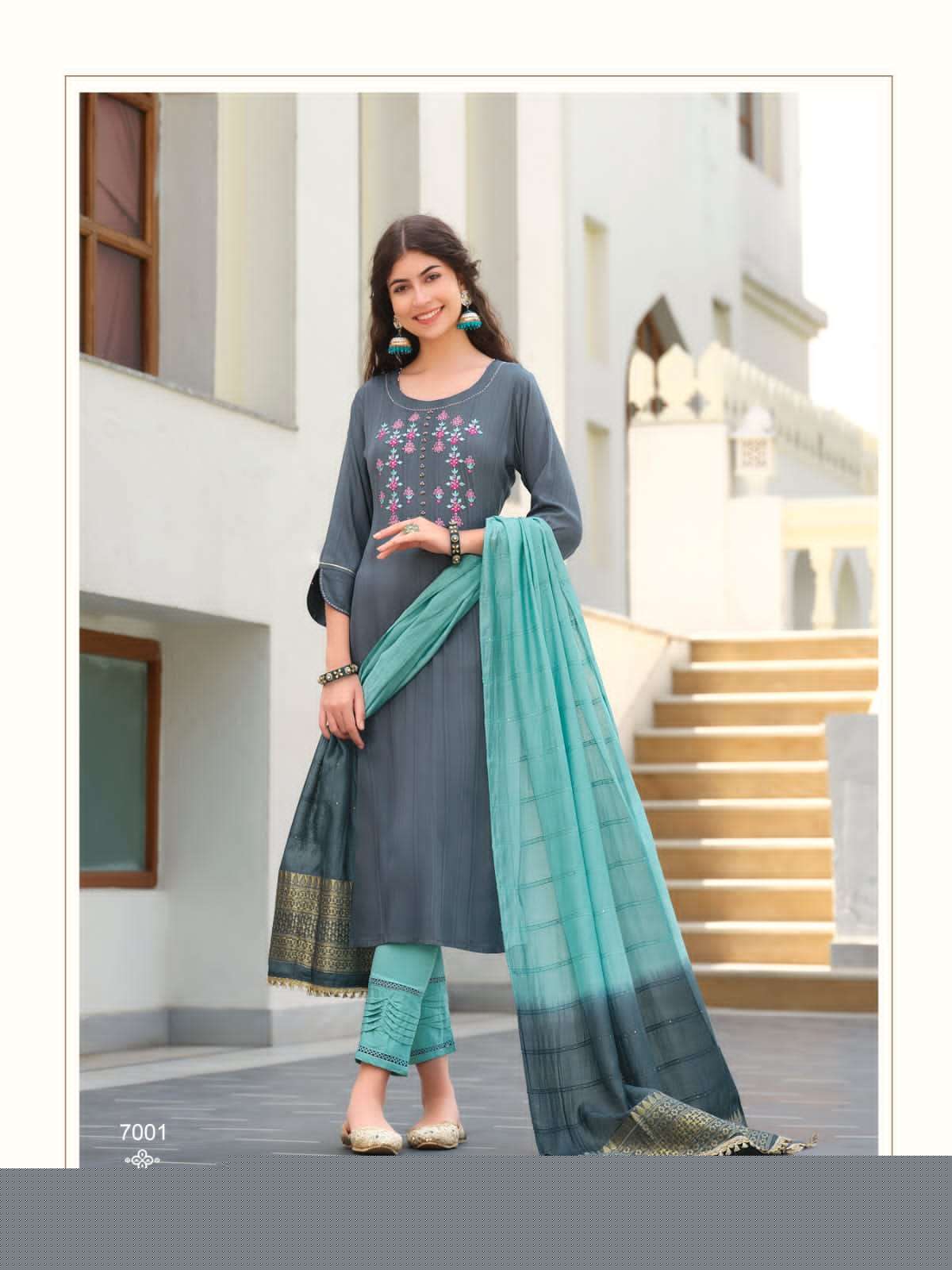 Saloni By Karissa 7001 To 7006 Series Beautiful Stylish Suits Fancy Colorful Casual Wear & Ethnic Wear & Ready To Wear Pure Rayon Embroidered Dresses At Wholesale Price