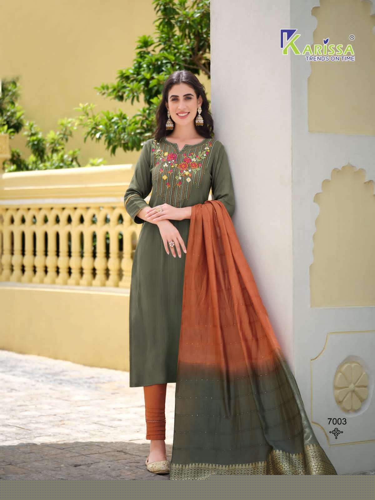 Saloni By Karissa 7001 To 7006 Series Beautiful Stylish Suits Fancy Colorful Casual Wear & Ethnic Wear & Ready To Wear Pure Rayon Embroidered Dresses At Wholesale Price