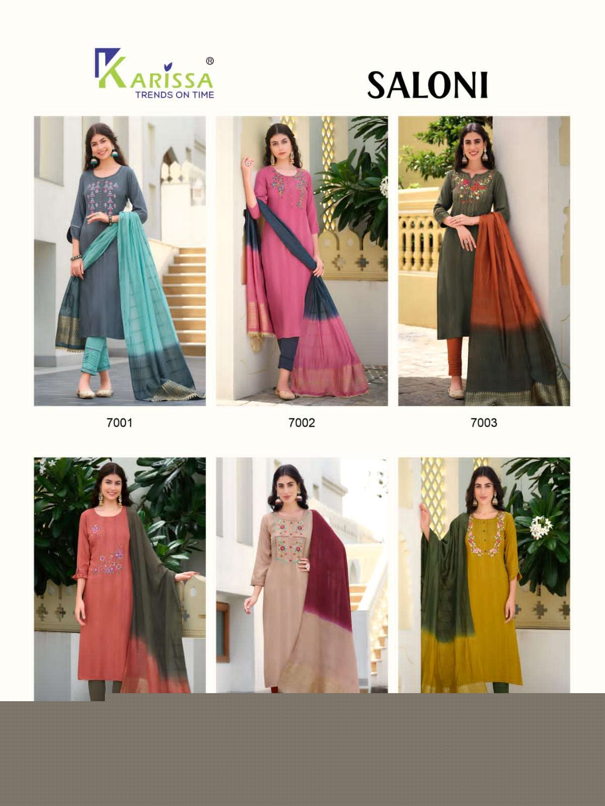 Saloni By Karissa 7001 To 7006 Series Beautiful Stylish Suits Fancy Colorful Casual Wear & Ethnic Wear & Ready To Wear Pure Rayon Embroidered Dresses At Wholesale Price