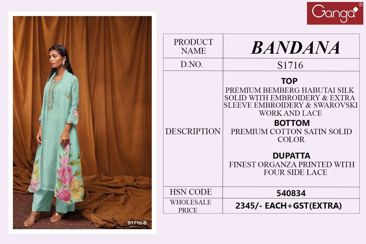 Bandana-1716 By Ganga Fashion 1716-A To 1716-B Series Designer Festive Suits Beautiful Fancy Stylish Colorful Party Wear & Occasional Wear Bemberg Silk Dresses At Wholesale Price