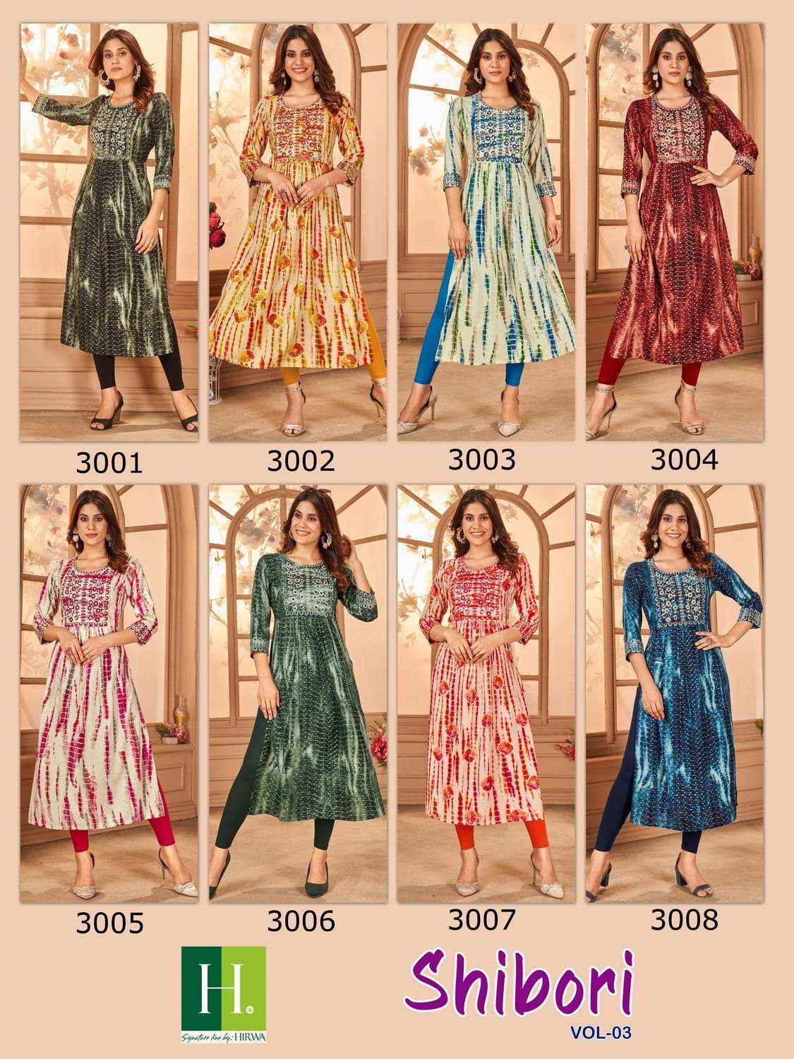 Shibori Vol-3 By Hirwa 3001 To 3008 Series Beautiful Stylish Fancy Colorful Casual Wear & Ethnic Wear Rayon Foil Embroidered Kurtis At Wholesale Price