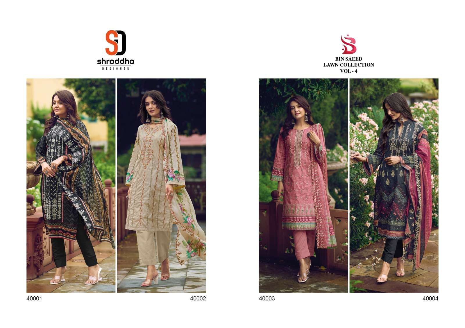 Bin Saeed Lawn Collection Vol-4 By Shraddha Designer 40001 To 40004 Series Designer Pakistani Suits Beautiful Fancy Stylish Colorful Party Wear & Occasional Wear Pure Lawn Cotton Print With Embroidery Dresses At Wholesale Price