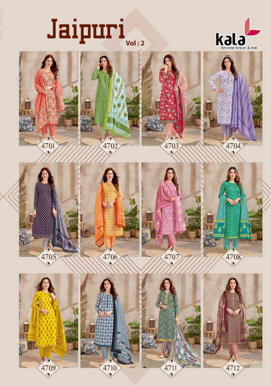 Jaipuri Vol-2 By Kala 4701 To 4712 Series Beautiful Suits Colorful Stylish Fancy Casual Wear Pure Cotton Print Dresses At Wholesale Price