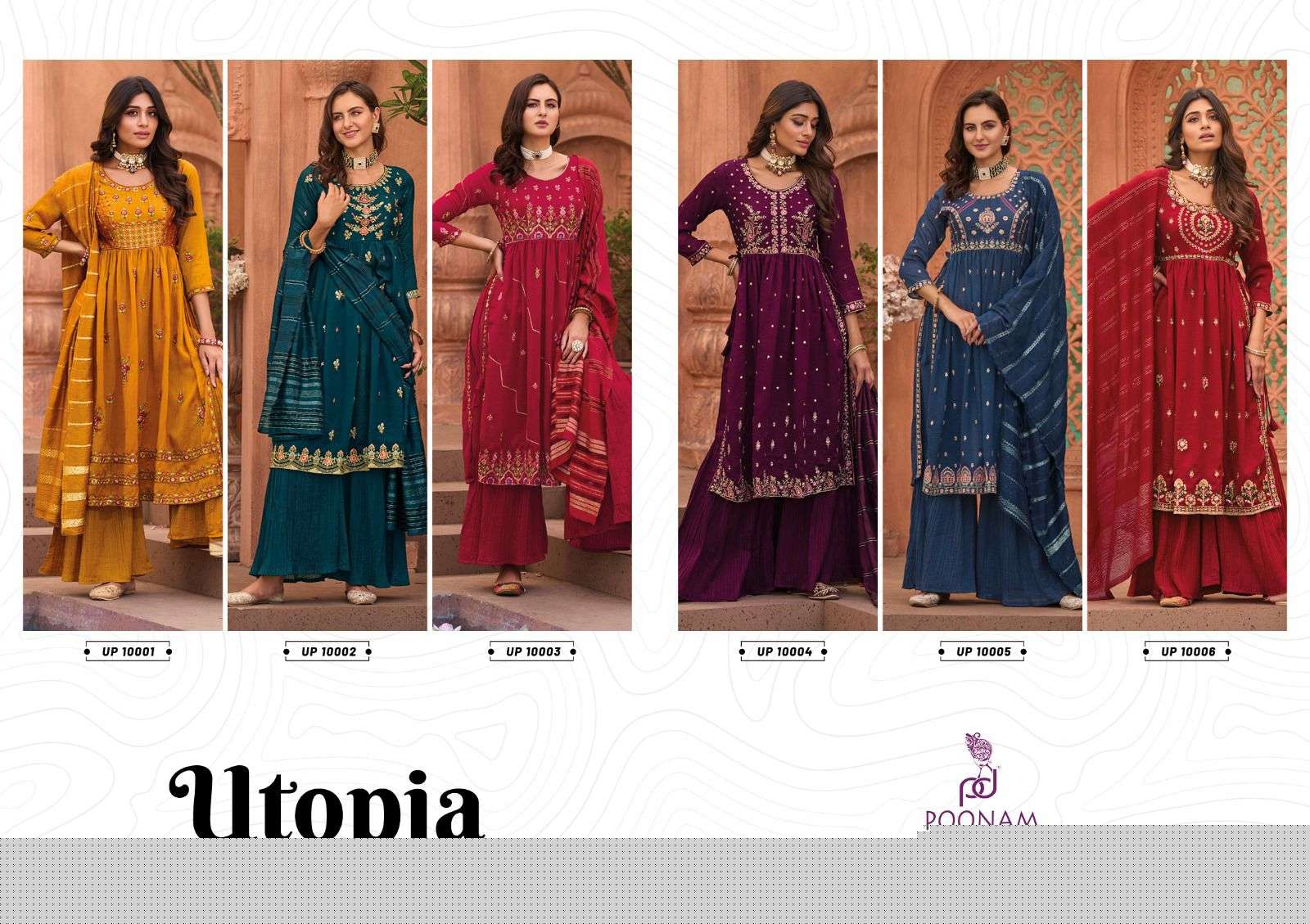 Utopia By Poonam Designer 10001 To 10006 Series Beautiful Sharara Suits Colorful Stylish Fancy Casual Wear & Ethnic Wear Pure Vichitra Dresses At Wholesale Price