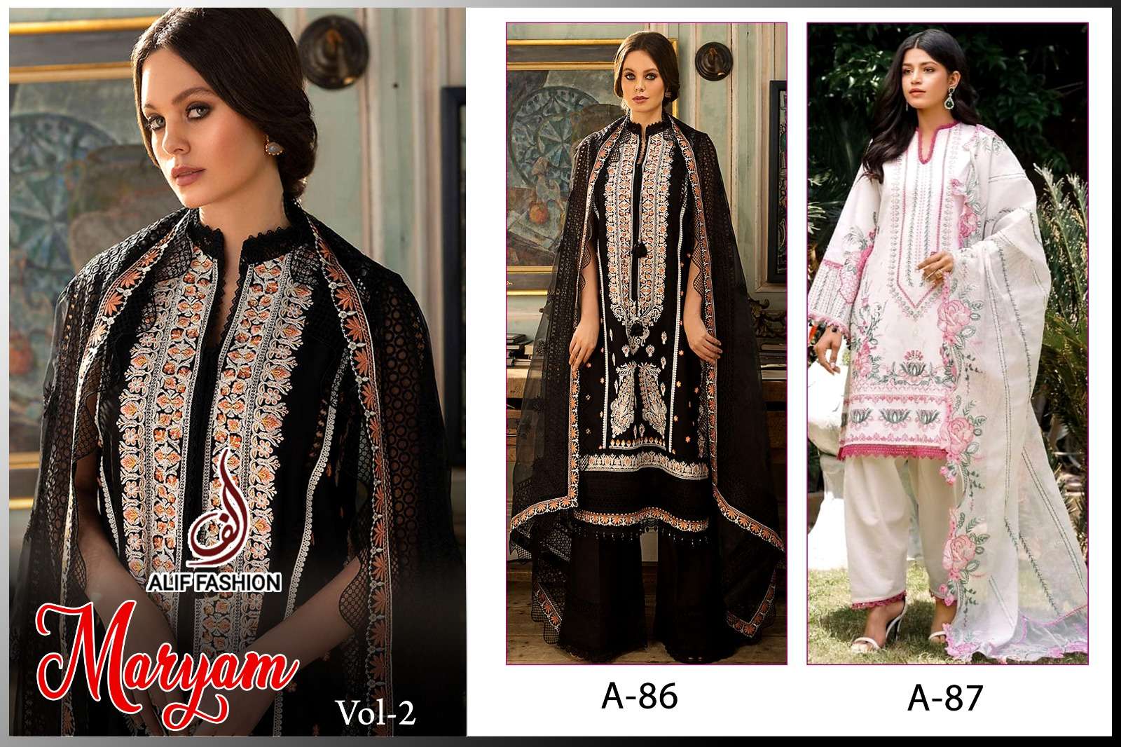 Maryam Vol-2 By Alif Fashion 86 To 87 Series Beautiful Pakistani Suits Stylish Colorful Fancy Casual Wear & Ethnic Wear Pure Cambric Cotton Embroidered Dresses At Wholesale Price