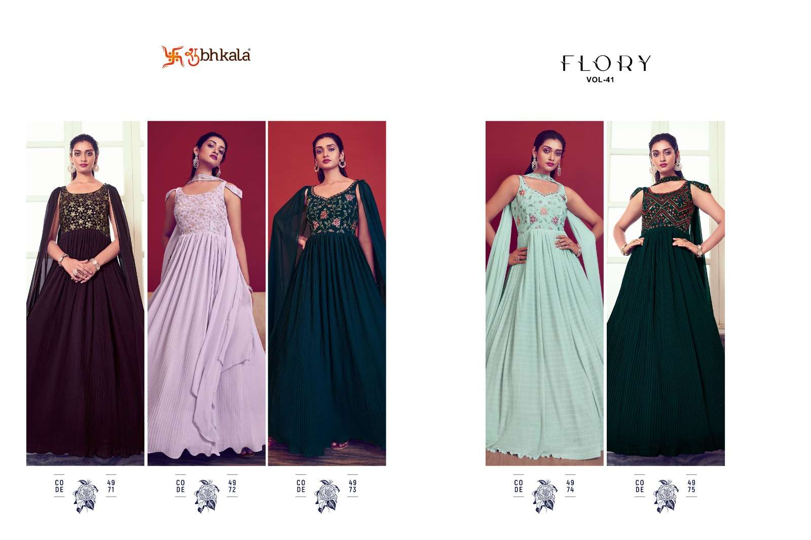 Flory Vol-41 By Shubhkala 4971 To 4975 Series Beautiful Stylish Fancy Colorful Casual Wear & Ethnic Wear Georgette Gowns With Dupatta At Wholesale Price