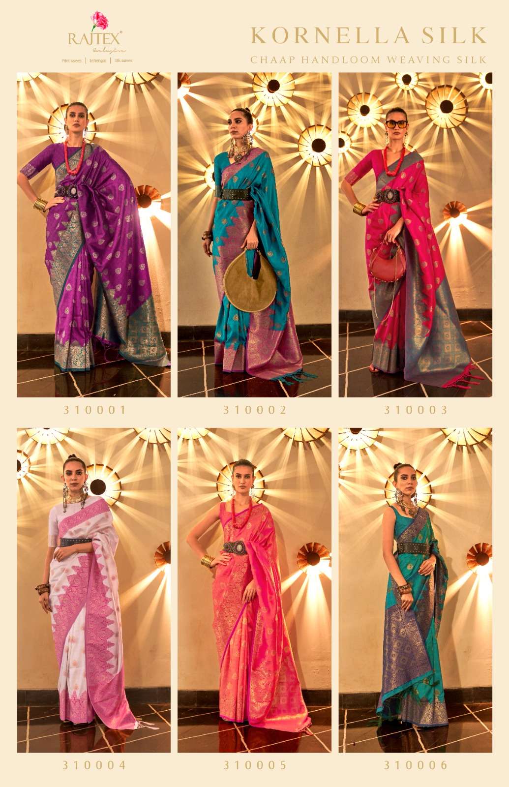 Kornella Silk By Raj Tex 310001 To 310006 Series Indian Traditional Wear Collection Beautiful Stylish Fancy Colorful Party Wear & Occasional Wear Handloom Silk Sarees At Wholesale Price