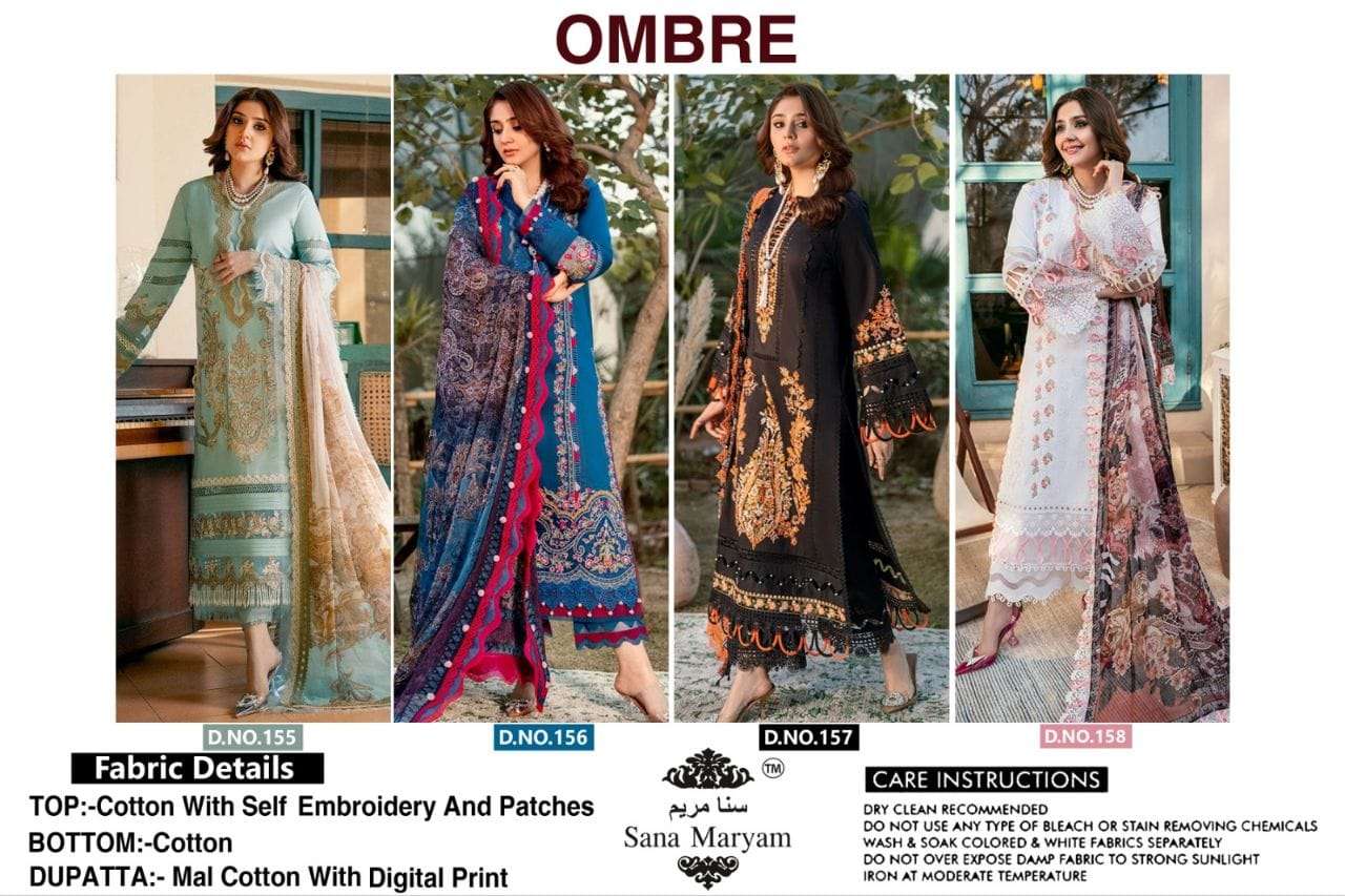 Ombre By Sana Maryam 155 To 158 Series Designer Pakistani Suits Beautiful Fancy Colorful Stylish Party Wear & Occasional Wear Heavy Cotton Embroidered Dresses At Wholesale Price
