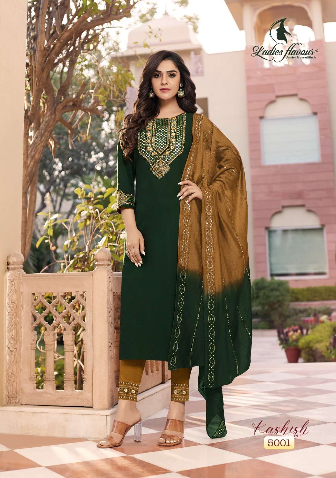 Kashish Vol-5 By Ladies Flavour 5001 To 5006 Series Beautiful Sharara Suits Colorful Stylish Fancy Casual Wear & Ethnic Wear Pure Rayon Embroidered Dresses At Wholesale Price