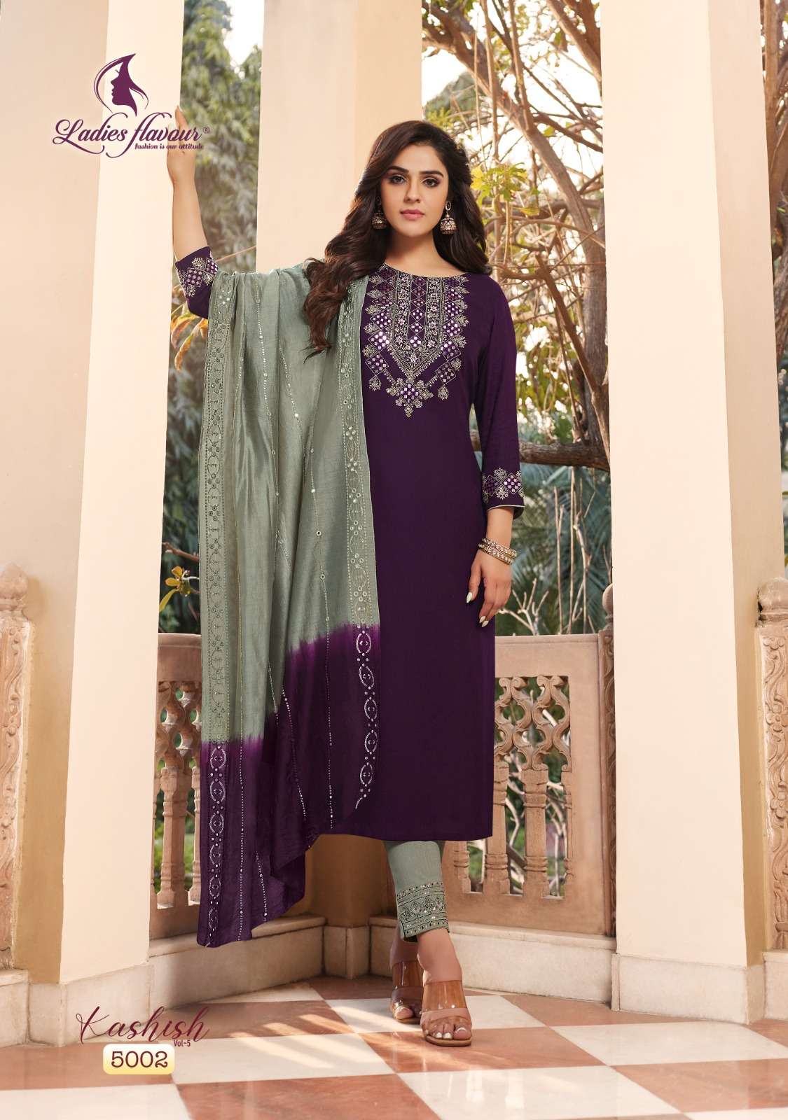 Kashish Vol-5 By Ladies Flavour 5001 To 5006 Series Beautiful Sharara Suits Colorful Stylish Fancy Casual Wear & Ethnic Wear Pure Rayon Embroidered Dresses At Wholesale Price